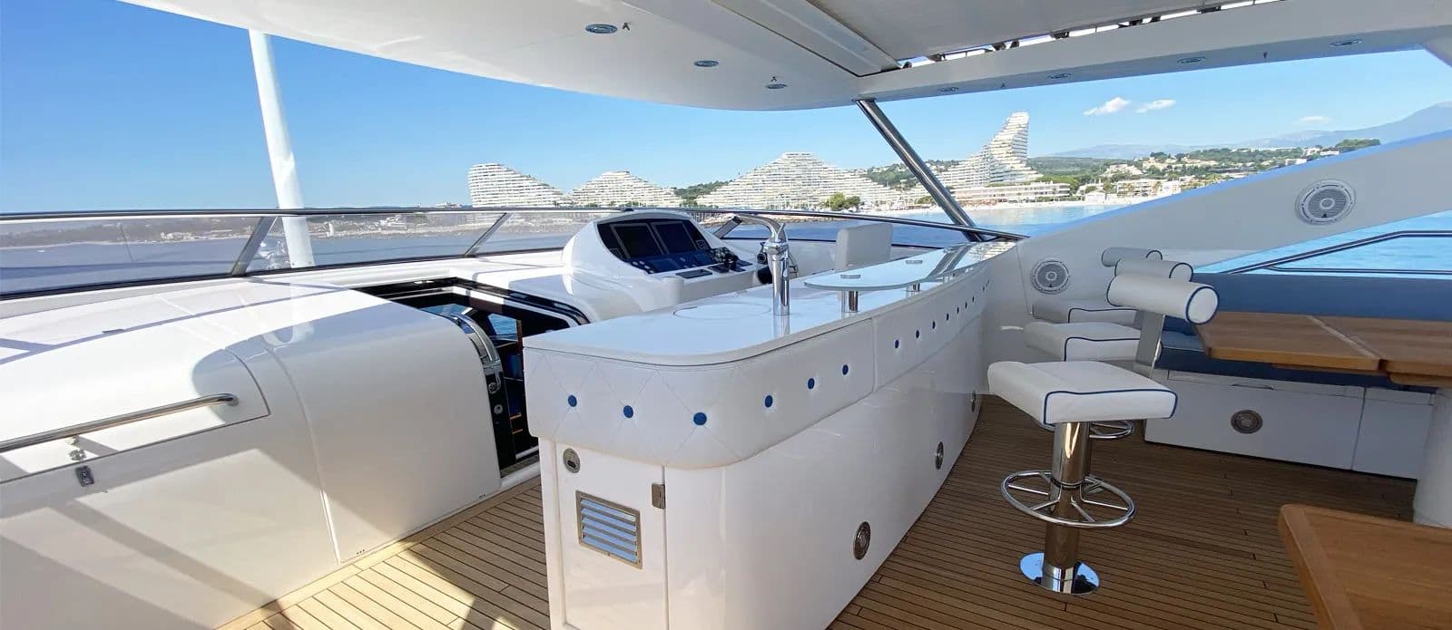 Yacht bridge cockpit with panoramic sea view